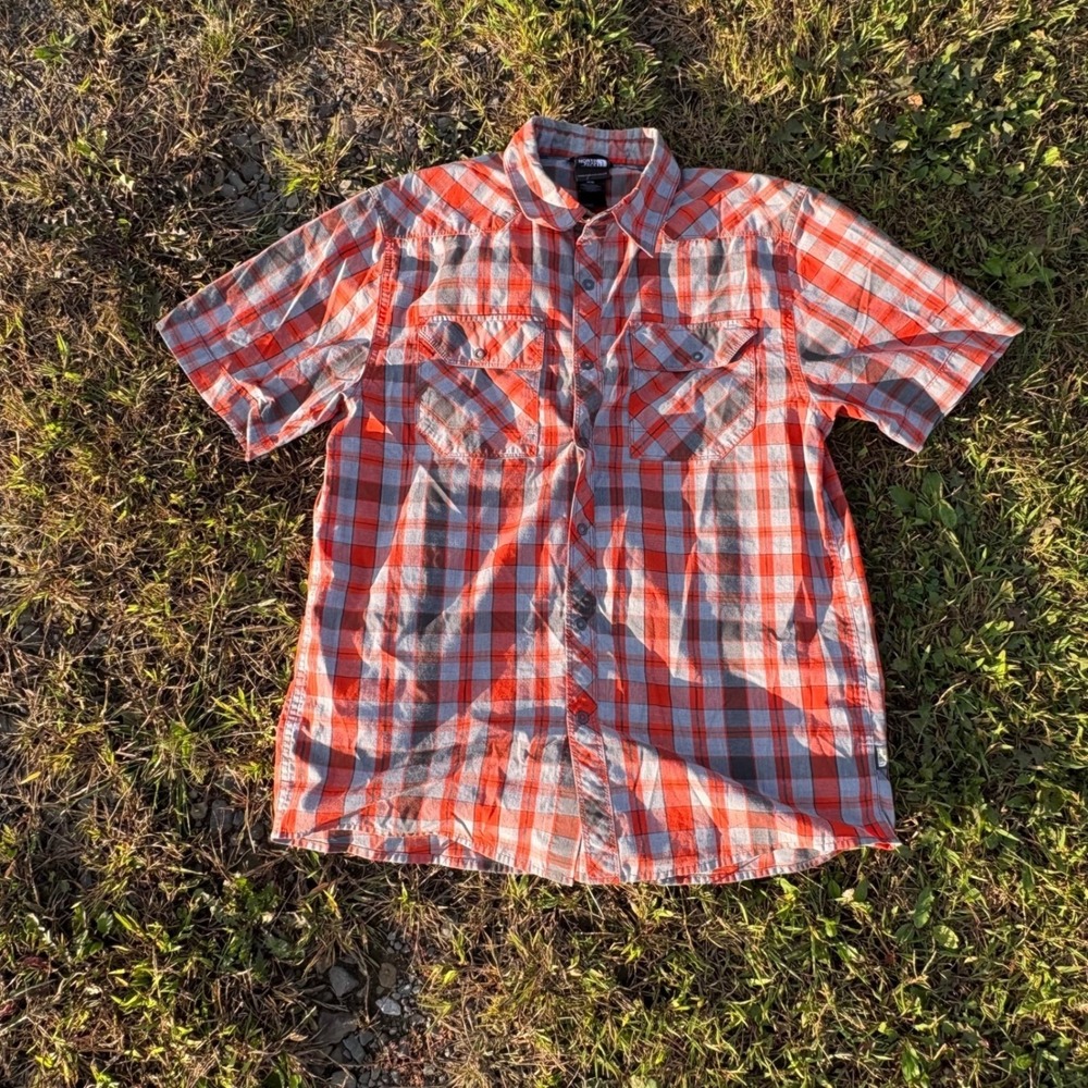 The North Face Plaid Hiking Shirt Mens Medium Orange Gray Outdoor